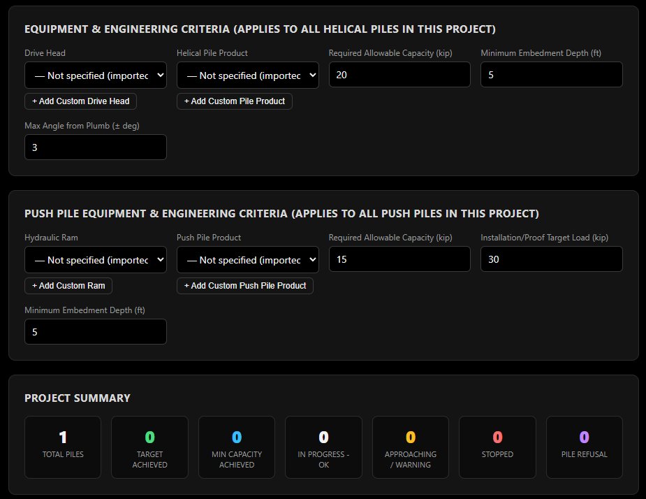 DeepKor equipment and engineering criteria form for setting capacity, embedment, and angle thresholds per project